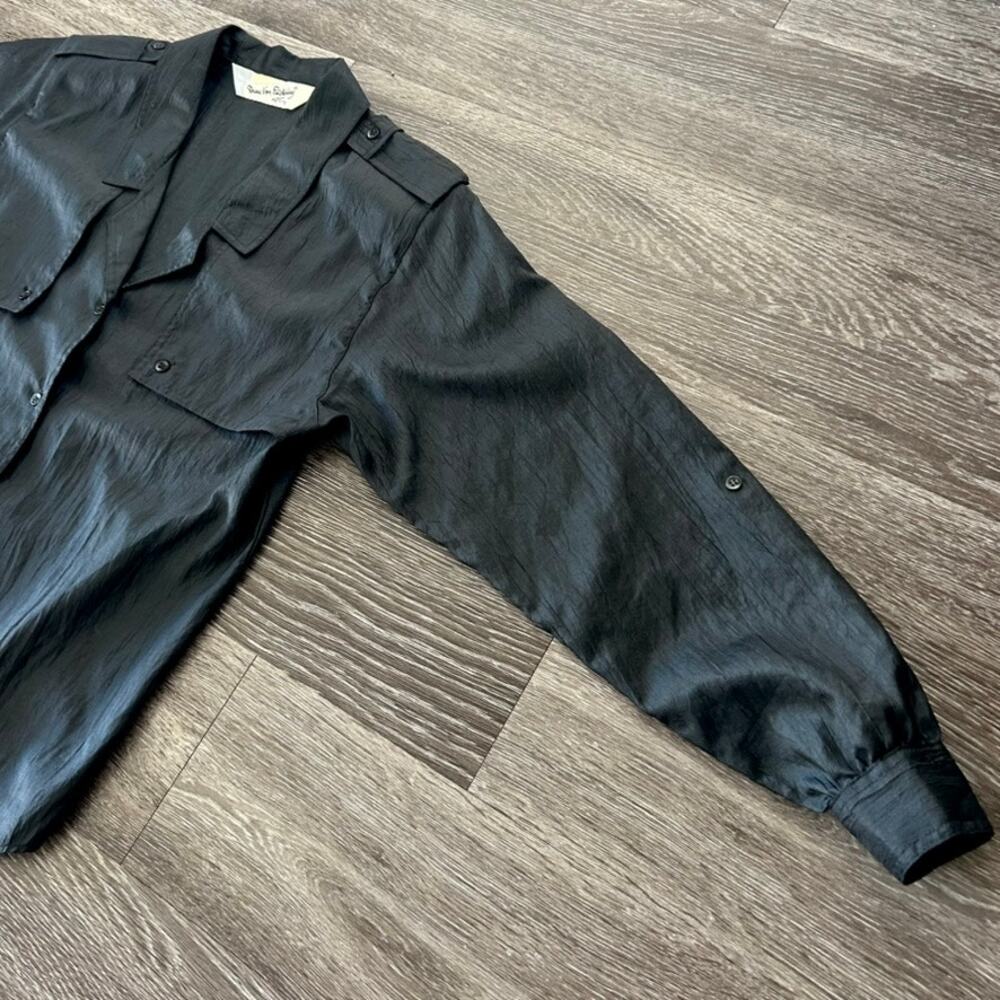 Vintage DVF Black Utility Blouse Size 10 Petite Button Down Top Y2K‎ Minimalist - Picture 7 of 16
